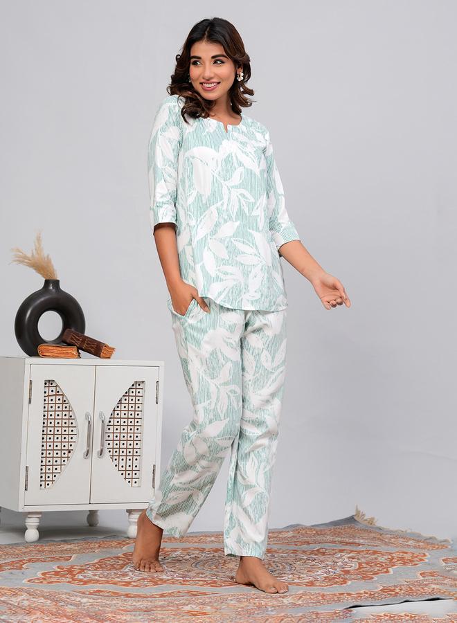 Take Two Women Leaf Print Top and Pyjama Set - Image 5